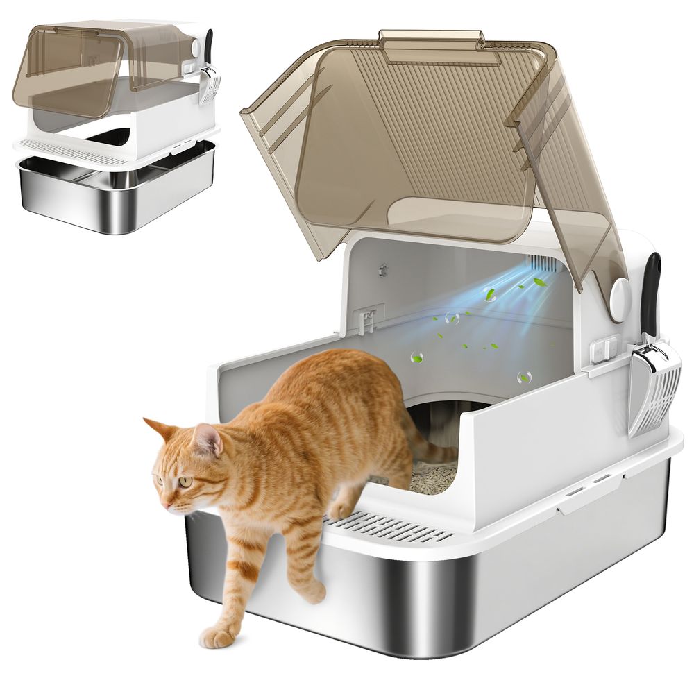 Maison de toilette chat xxl acier inox anti-odeur pour grand chat avec pelle 70 cm blanc