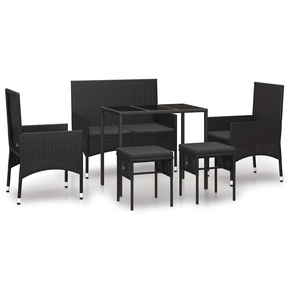 Salon de jardin 6 pcs avec coussins noir résine tressée