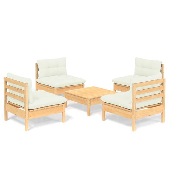 Salon de jardin 5 pcs avec coussins crème bois de pin
