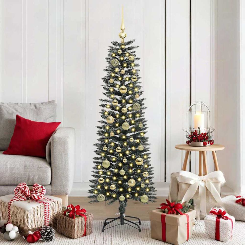 Kit décoration sapin de noël 150 cm enneigé, forme conique et lumineux avec 150 led