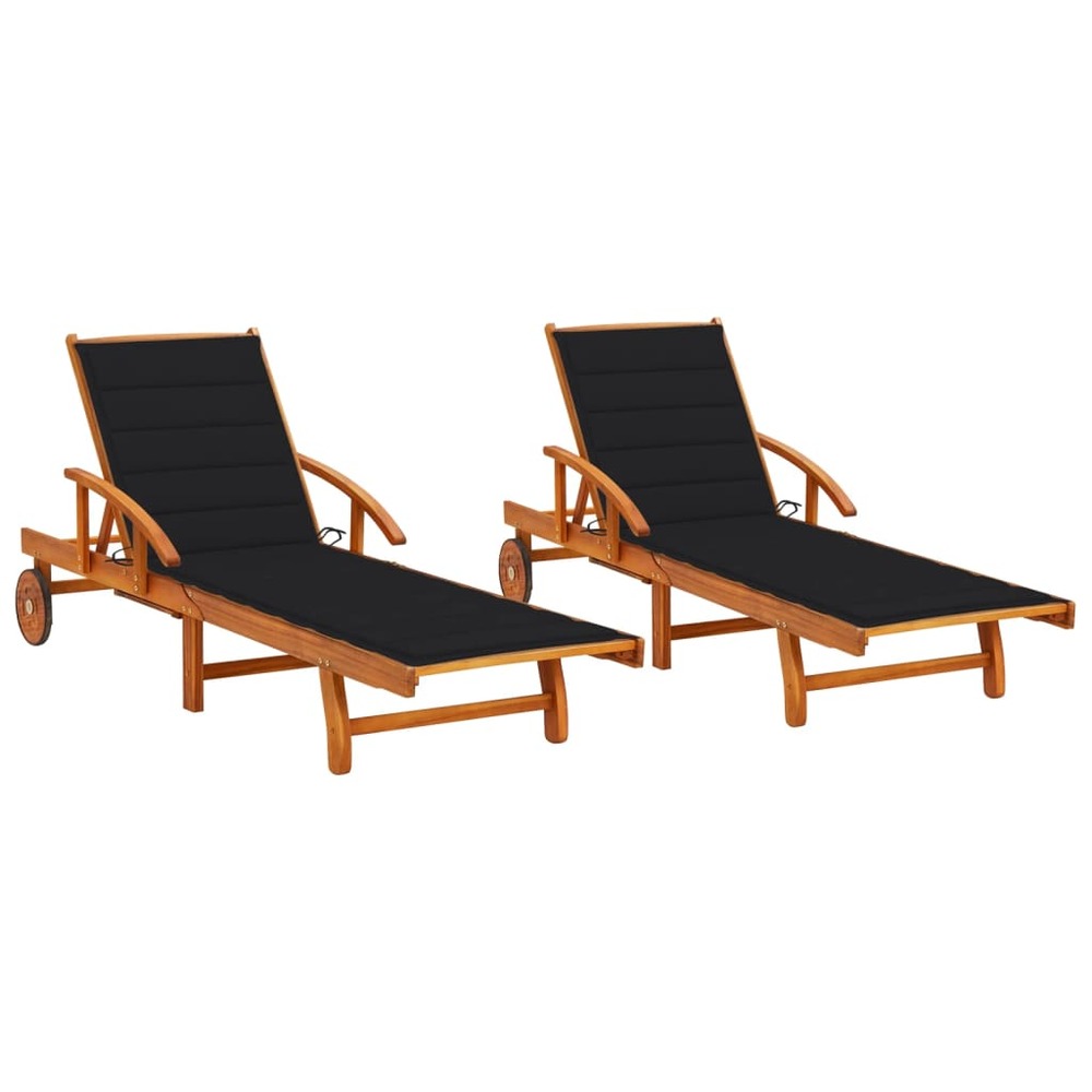 Lot de 2 transats chaise longue bain de soleil lit de jardin terrasse meuble d'extérieur avec coussins bois d'acacia solide 0