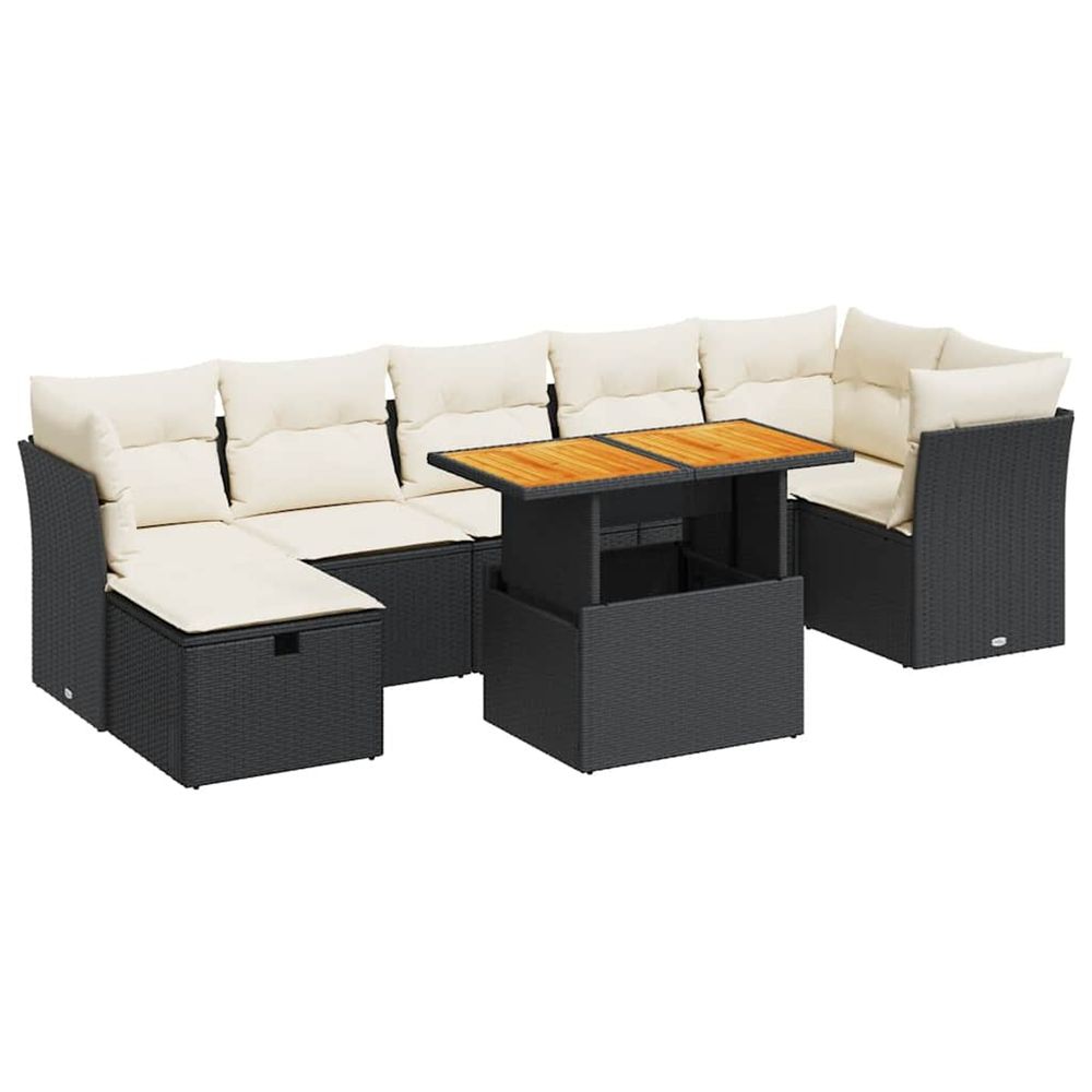 Salon de jardin avec coussins 8 pcs noir résine tressée acacia