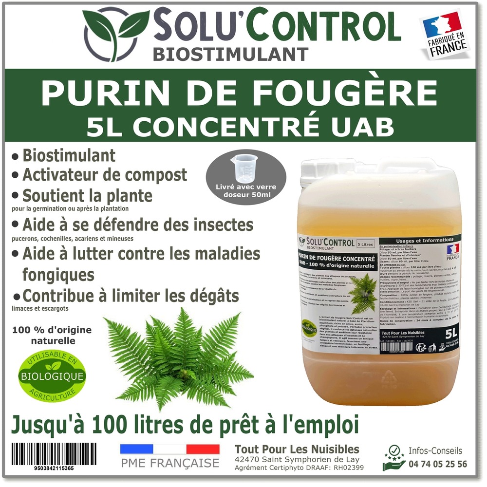 Purin de fougère solu’control – 5l concentré uab – biostimulant naturel – aide à se défendre des insectes & maladies fongiques