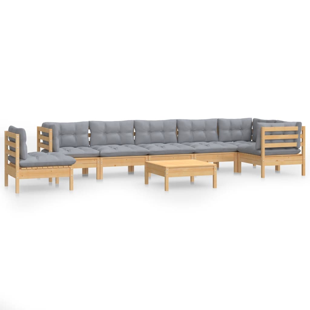 Salon de jardin meuble d'extérieur ensemble de mobilier 9 pièces avec coussins gris bois de pin solide