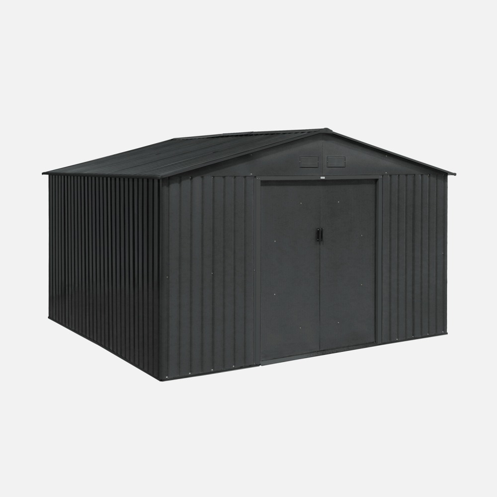 Abri de jardin en métal - boulonnais - 10,85m² gris anthracite et blanc - cabane à outils avec deux portes coulissantes, kit de