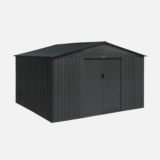 Abri de jardin en métal - boulonnais - 10,85m² gris anthracite et blanc - cabane à outils avec deux portes coulissantes, kit de