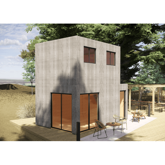 Bureau de jardin 4 saisons en bois 5,5 x 3,5 x 2,7 m / isolation re2020 avec plancher isolé avec mezzanine et terrasse