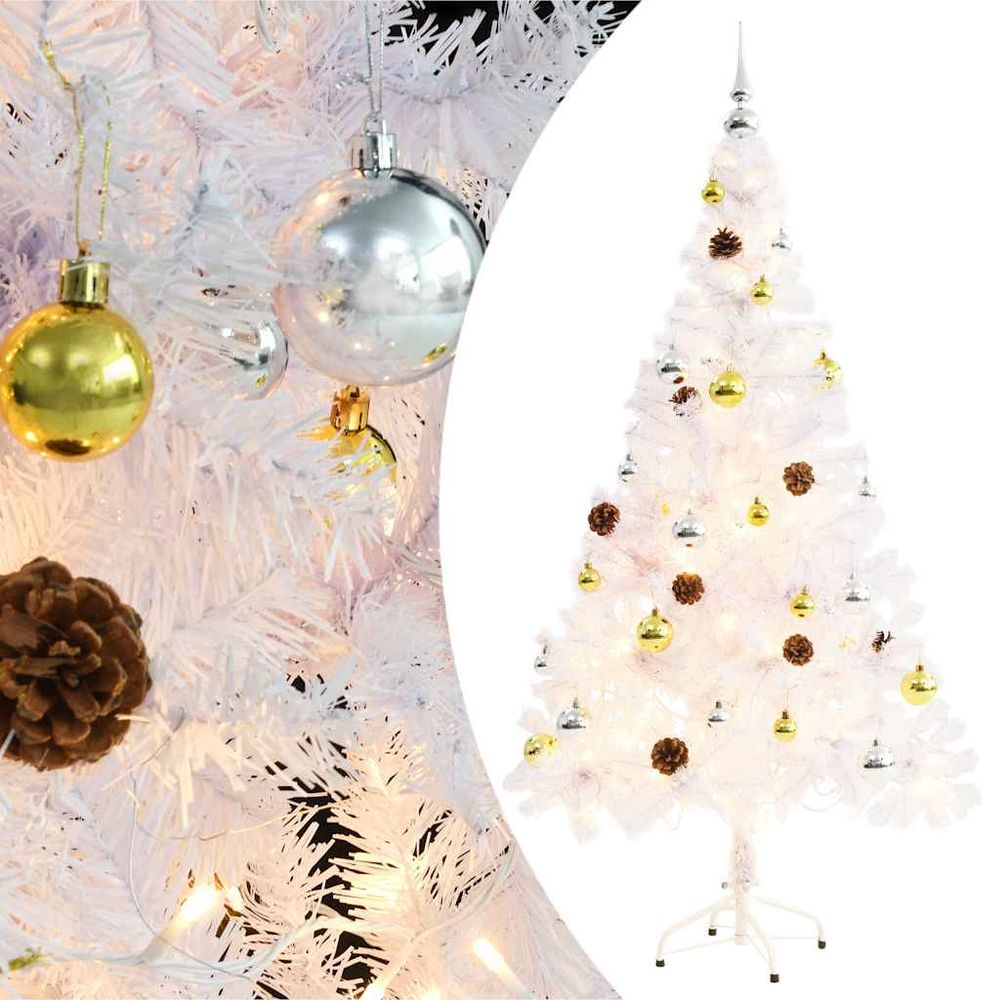 Sapin de noël artificiel blanc pré-éclairé avec boules pour salon 150 cm