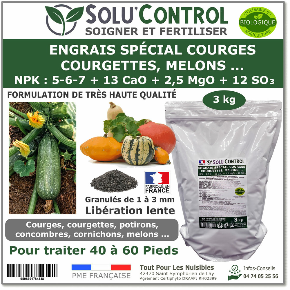 3 kg d'engrais spécial courges, courgettes et autres cucurbitacées - solucontrol - formulation haute qualité organo-minerale