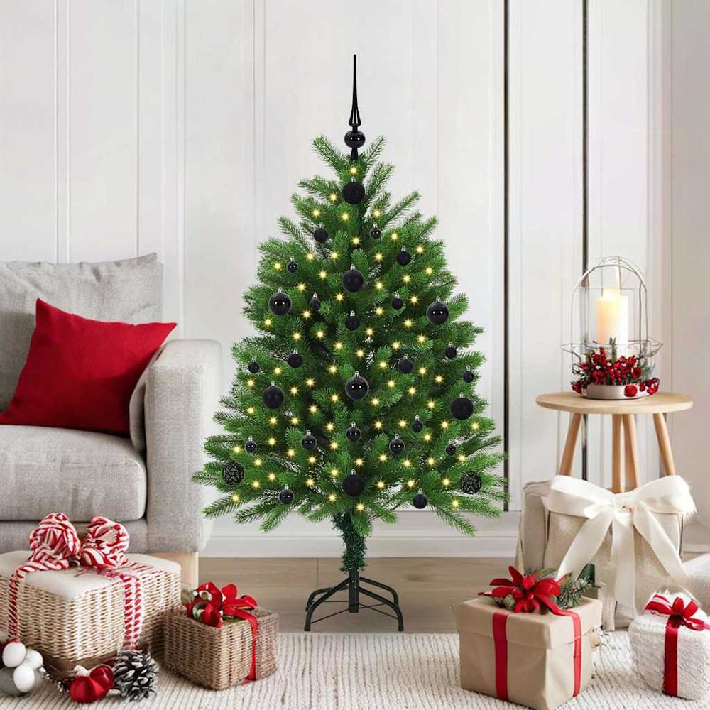 Sapin de noël artificiel vert 120 cm, kit lumineux complet avec guirlande 150 led et 61 boules