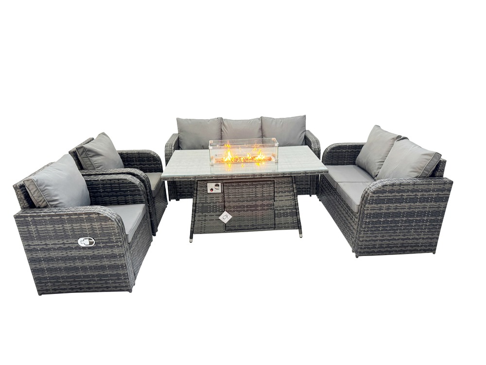 Ensemble salon de jardin extérieur en polyrotin table de foyer à gaz et canapé fauteuil avec gris foncé mixte