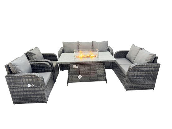 Ensemble salon de jardin extérieur en polyrotin table de foyer à gaz et canapé fauteuil avec gris foncé mixte