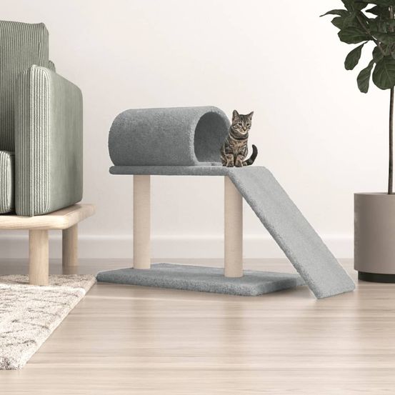 Arbre à chat compact avec tunnel et échelle en peluche griffoir sisal gris clair 55,5cm