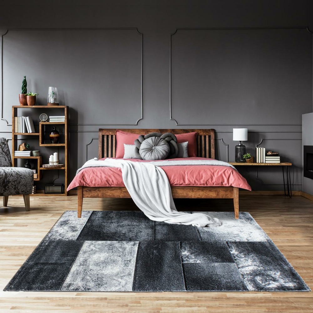 Tapis chambre 120x170 tissé gris clair et gris foncé motif géométrique