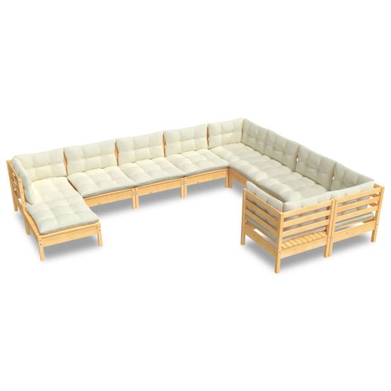 Salon de jardin 10 pcs avec coussins crème bois de pin