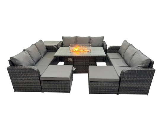 Salon de jardin en résine ensemble repas de jardin exterieur table de foyer à gaz avec table d'appoint canapé 2 grand tabourets