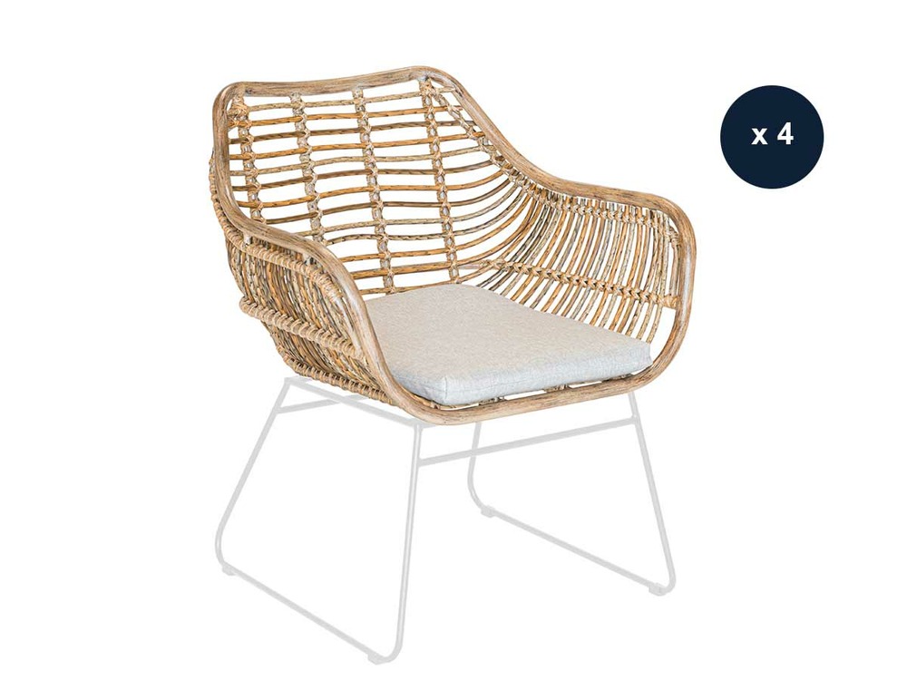 Lot de 4 fauteuils de jardin en résine tressée + coussin chiné gris/beige pemba