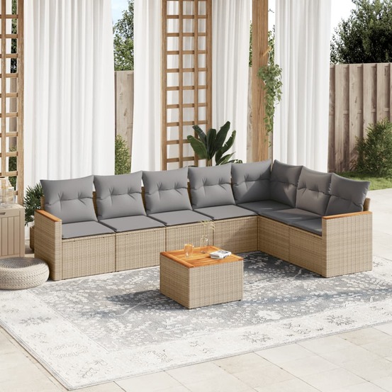 Salon de jardin avec coussins 8 pcs beige résine tressée