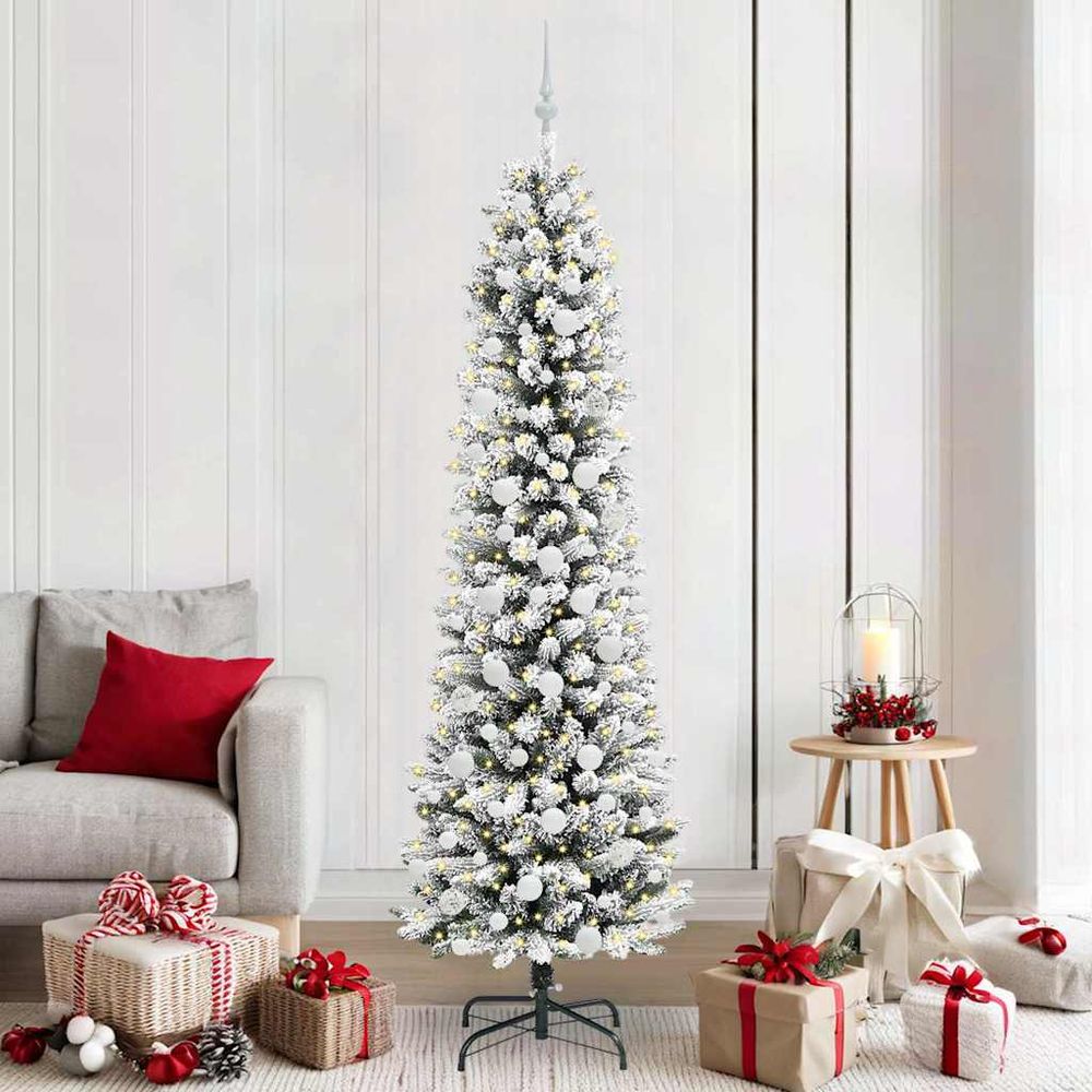 Arbre de noël artificiel 210 cm effet neigeux, pré-illuminé 300 led et 120 boules fournies