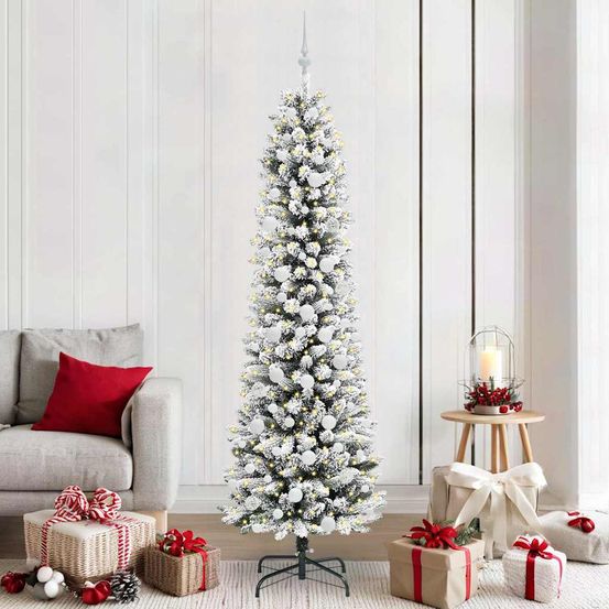 Arbre de noël artificiel 210 cm effet neigeux, pré-illuminé 300 led et 120 boules fournies