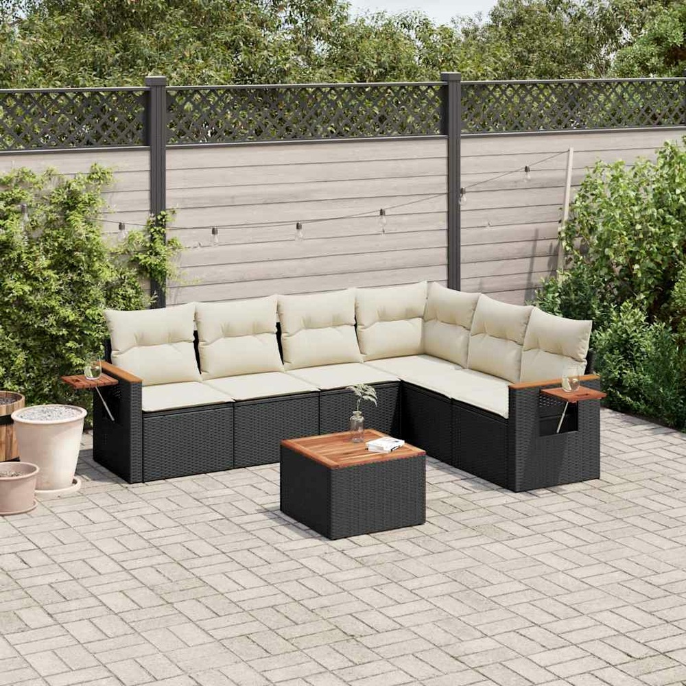 Salon de jardin 7 pcs avec coussins noir résine tressée