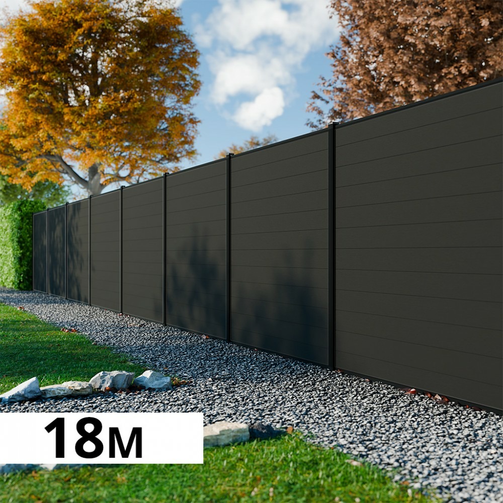 Kit clôture bois composite anthracite 18x1,8m rio - poteaux en aluminium noir - brise vue - palissade