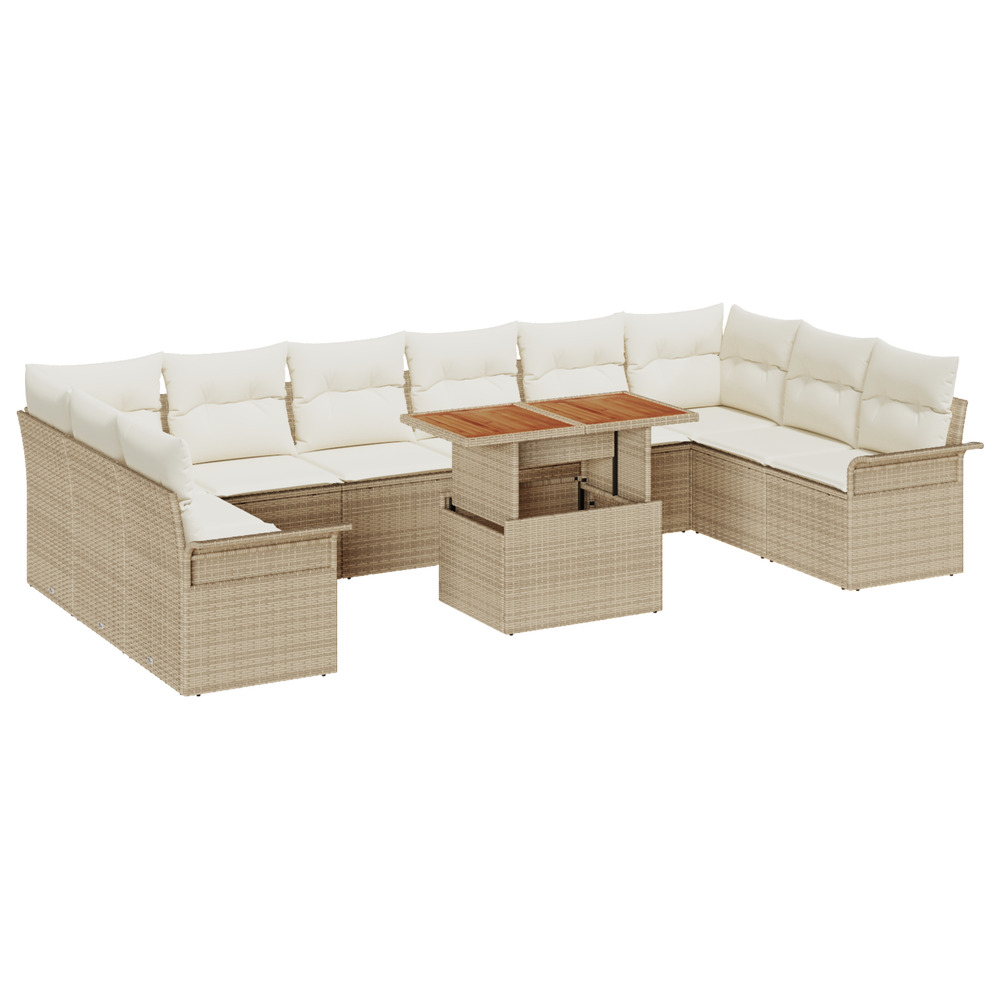 Ensemble de salle à manger de jardin 11 pièces avec coussins en poly rattan beige acacia