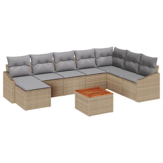 Ensemble de canapé de jardin 9 pièces avec coussins beige poly rattan acacia