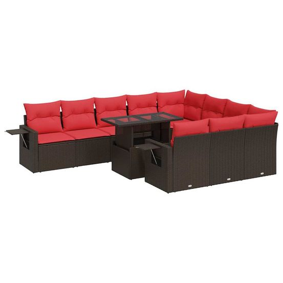 Salon de jardin et coussins 11 pcs marron résine tressée acacia
