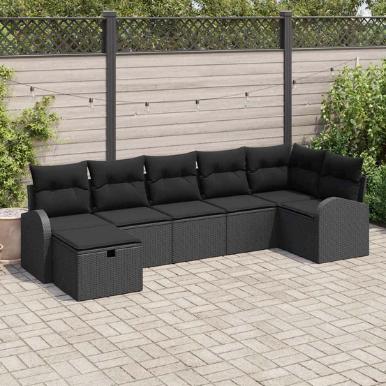 Ensemble de canapé de jardin avec coussin 7 pcs noir polyrotin