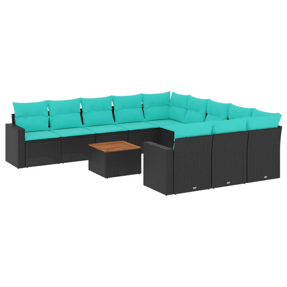 Salon de jardin avec coussins 12 pcs noir résine tressée