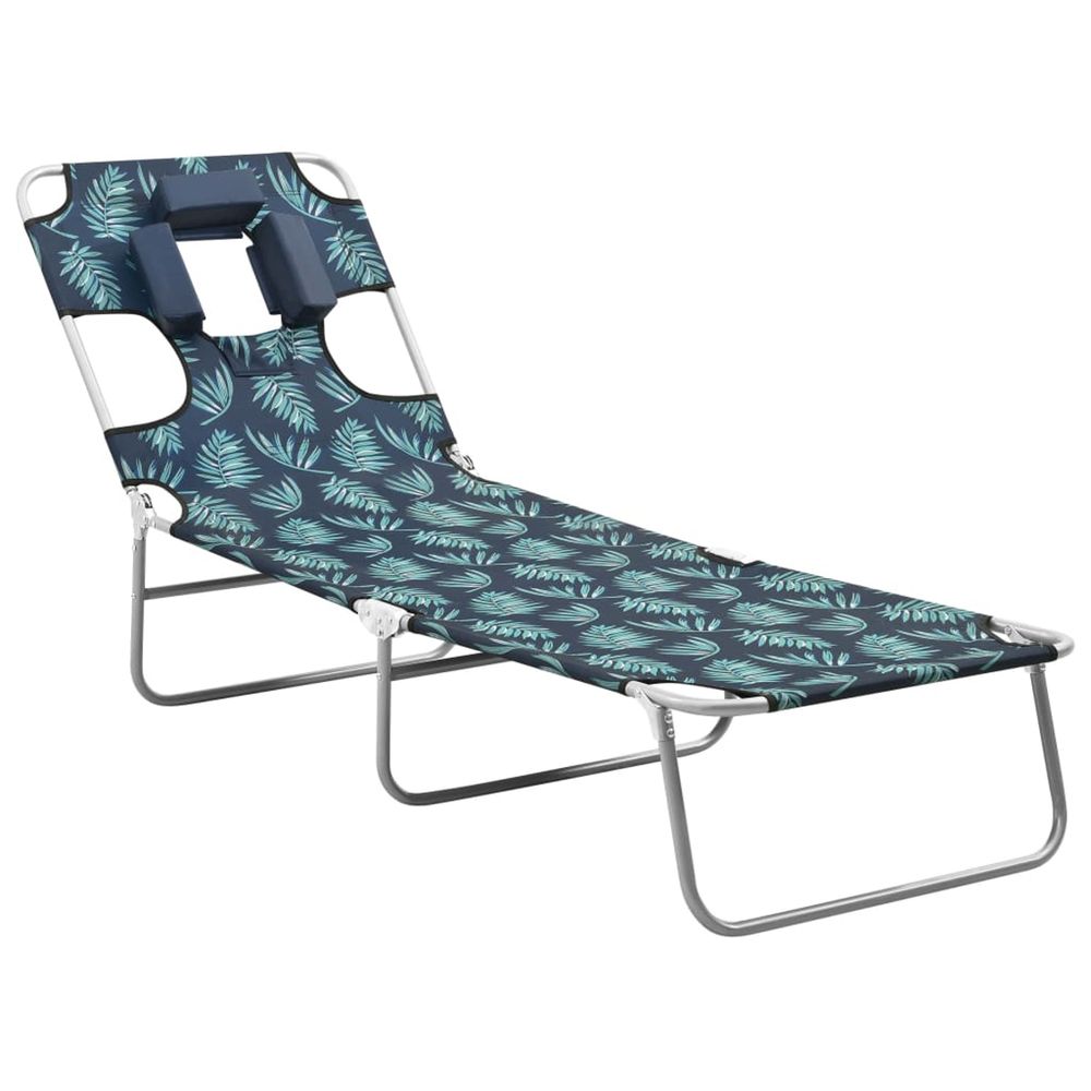Chaise longue pliable coussin de tête acier motif de feuilles bain de soleil