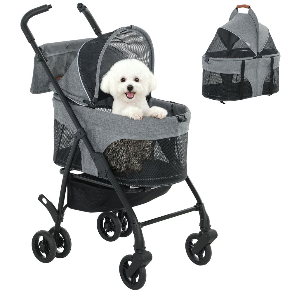 Poussette chien tissu oxford promenades urbaines 3 en 1 nacelle amovible gris