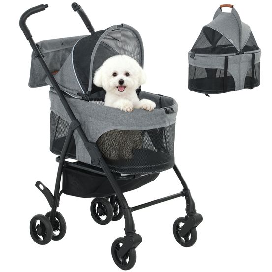 Poussette chien tissu oxford promenades urbaines 3 en 1 nacelle amovible gris