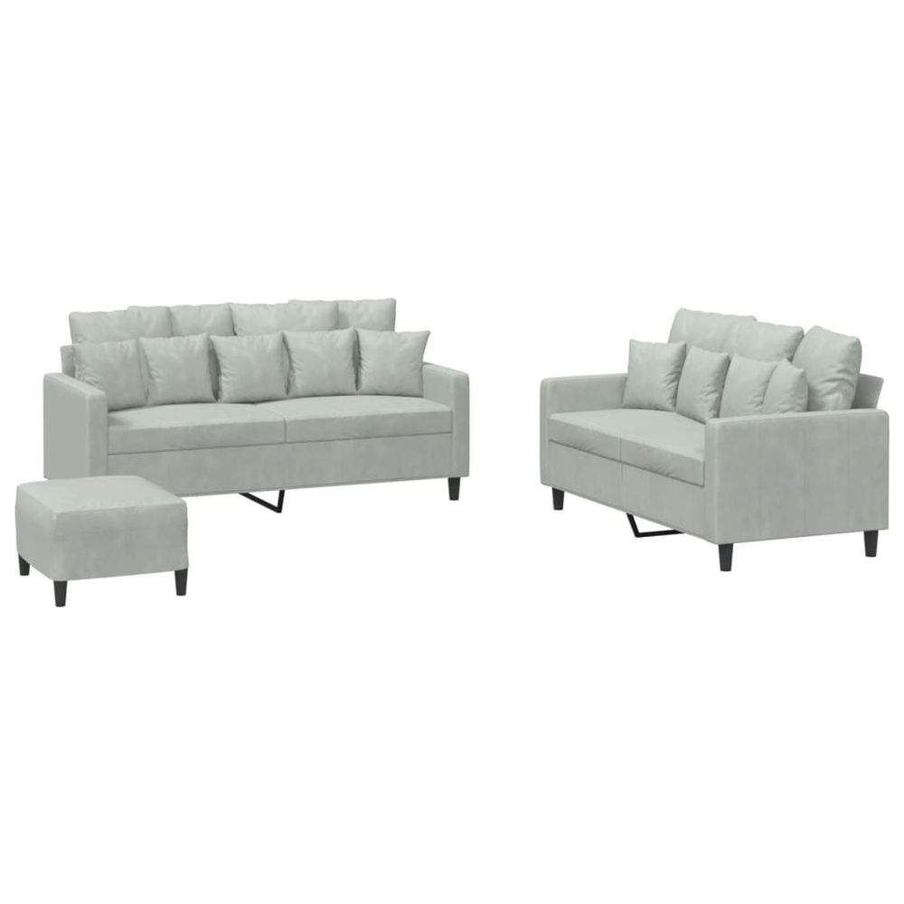 Ensemble de canapés 3 pcs avec coussins gris clair velours