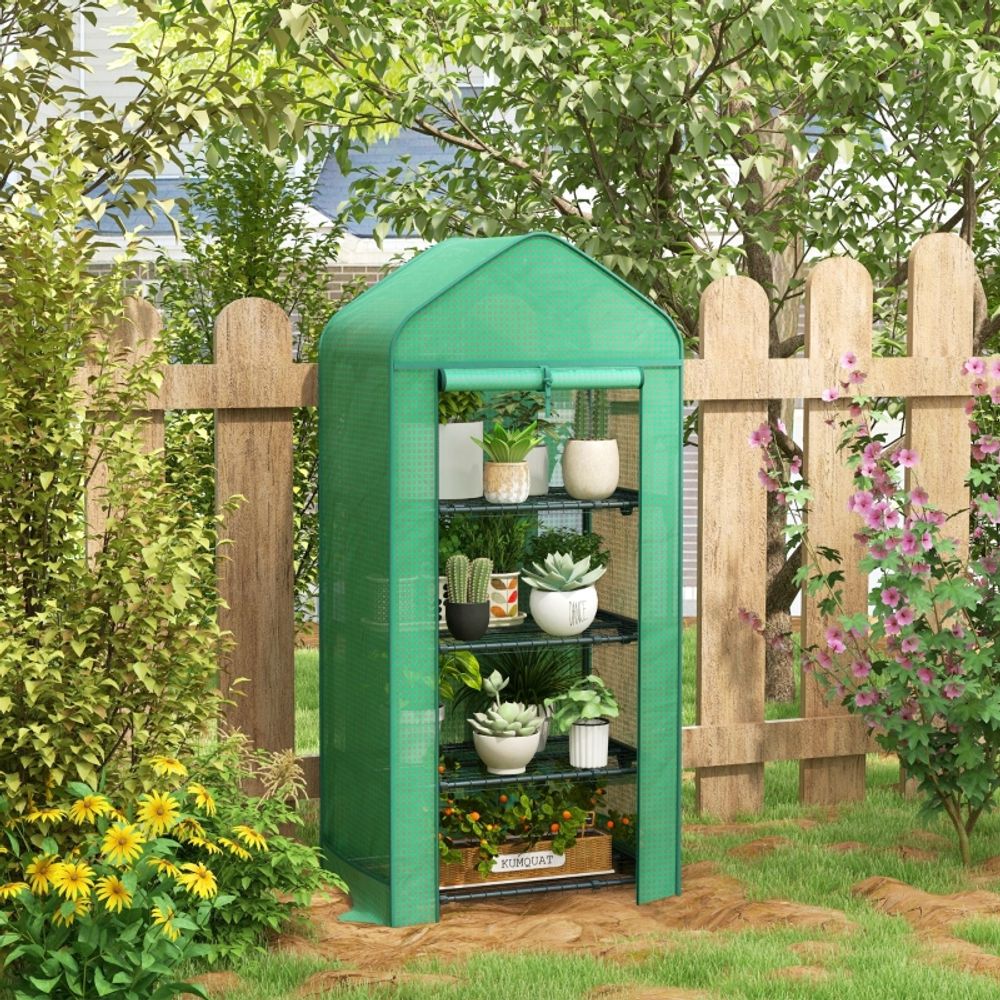 Mini serre de jardin métal et pe vert 69 x 49 x 158 cm 4 étagères porte enroulable - comfortxl outdoor living