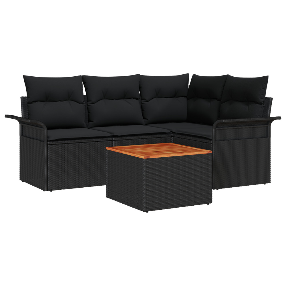 Ensemble de canapé de jardin 5 pièces avec coussins noir poly rotin acacia