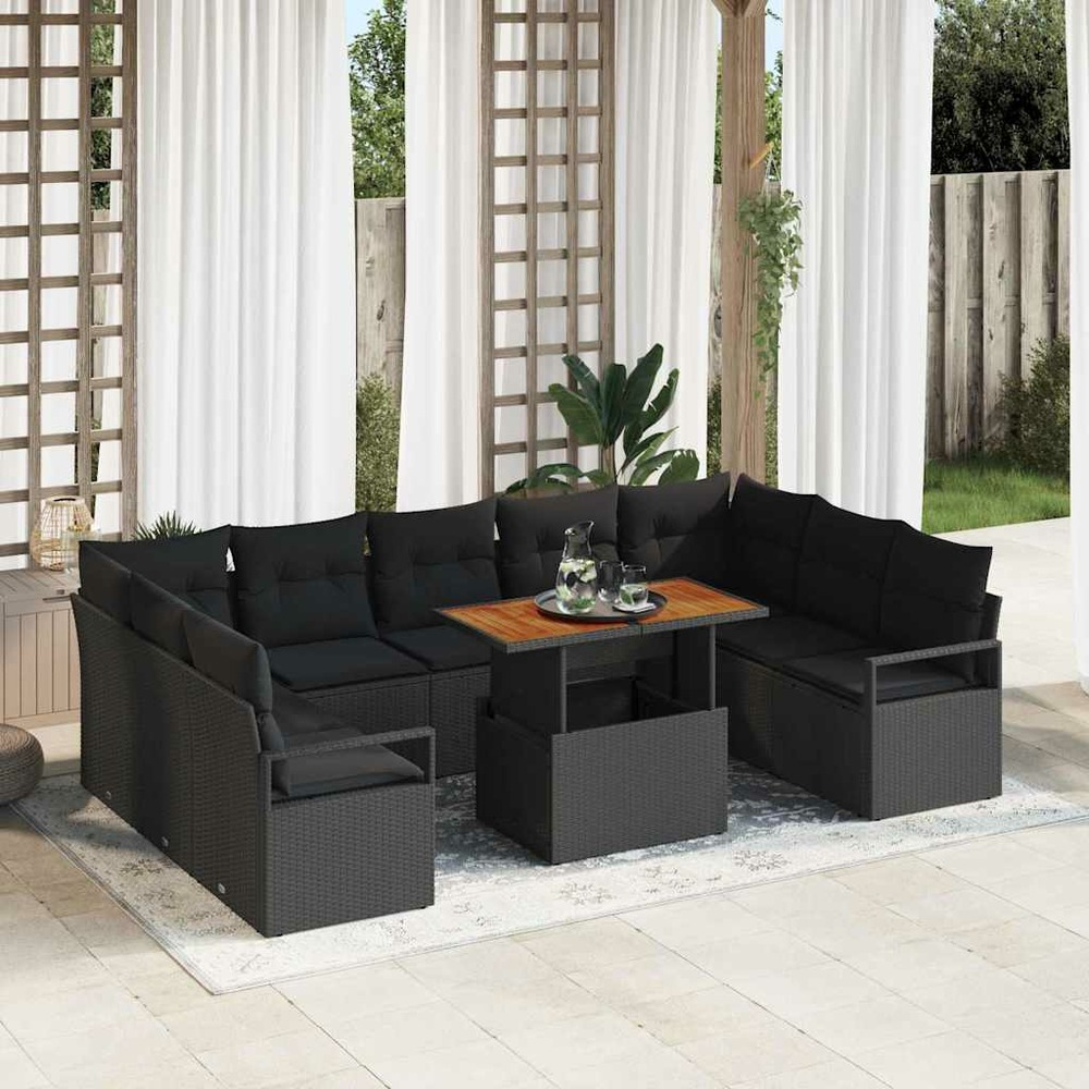 Ensemble de canapé de jardin 10 pcs noir poly rotin