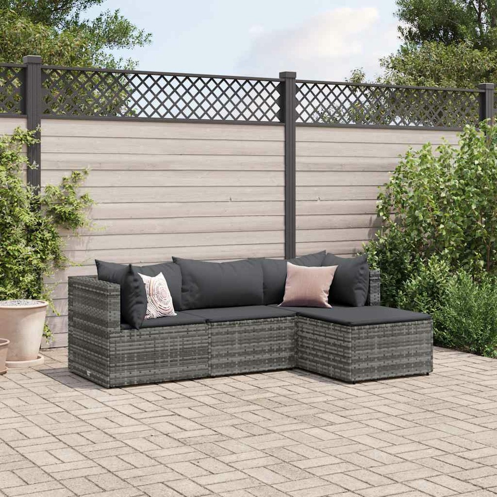 Salon de jardin 4 pcs avec coussins gris résine tressée