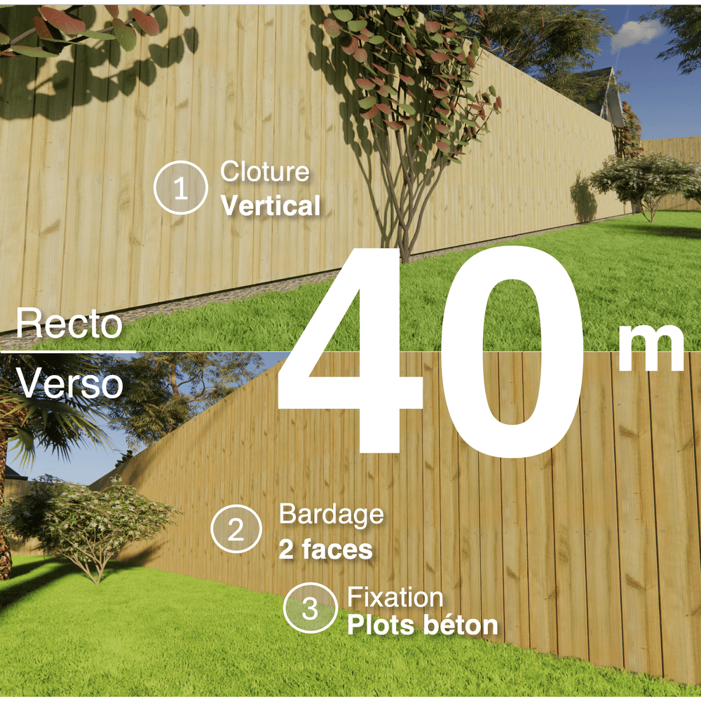 Kit clôture bois moderne 40m – h 2,3m – 21 x 130 mm autoclave vert – pose vertical – double face – à sceller