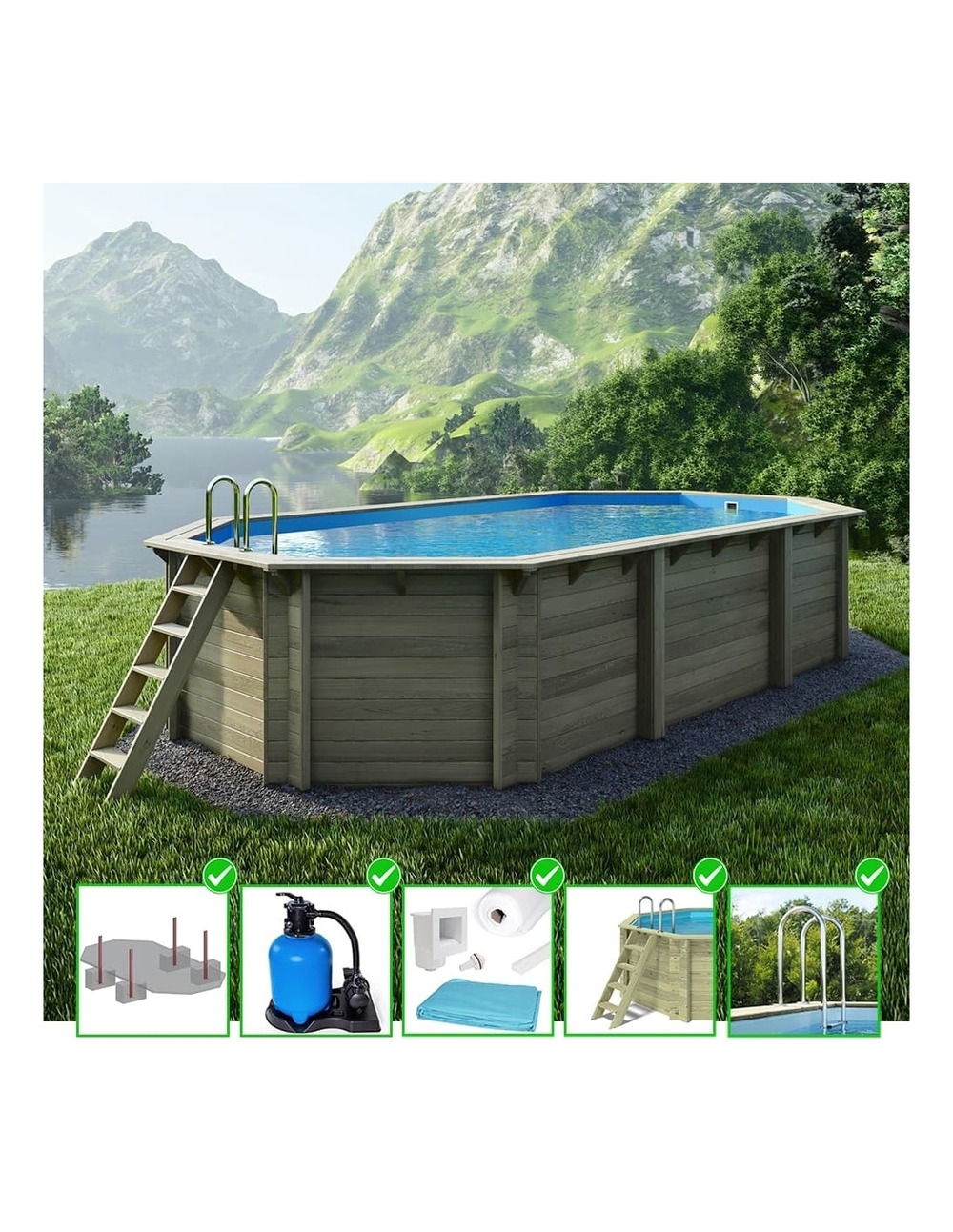 Piscine en bois nemo 7,3x3,97 - h.1,45 m fixations à sceller - bas7305ospi - altanka