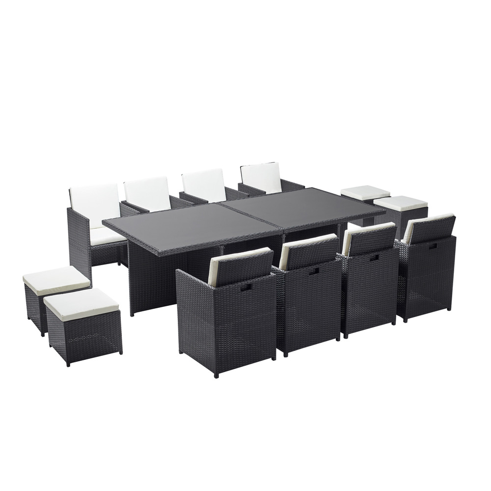 Table et chaises 12 places encastrables résine noir-blanc monaco