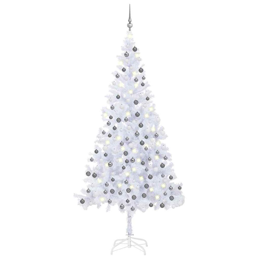 Très grand sapin de noël artificiel neige led et boules blanc 240cm
