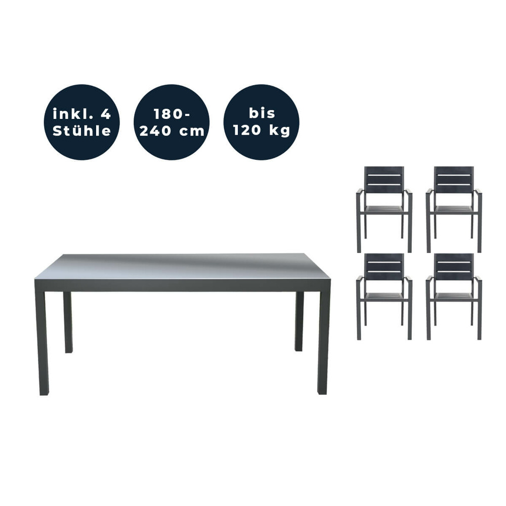 Home deluxe - table de jardin extensible - sol - ca. 180 (240) x 90 x 75 cm - incl. 4 chaises, incl. Accessoires i meuble de jardin