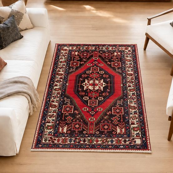 Tapis d'orient, 138 x 203 cm, rouge, crème et noir, noué à la main, hamadan 27
