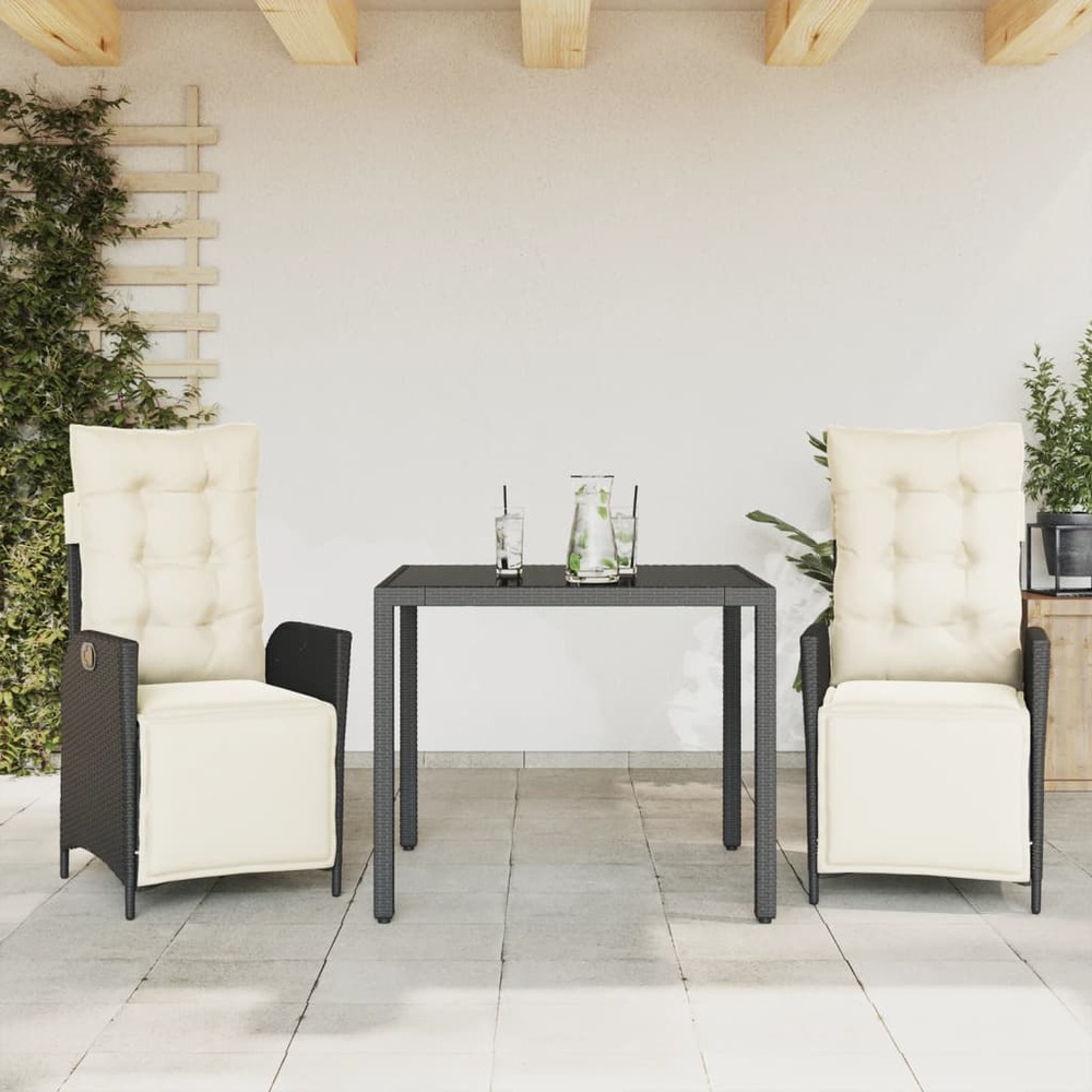 Ensemble à manger de jardin avec coussins 3 pcs noir