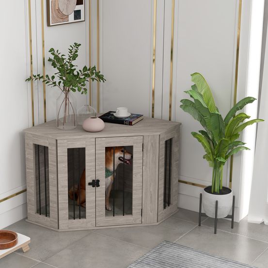 Cage chien intérieur bois noyer acier meuble niche design verrou 104cm