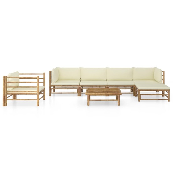Salon de jardin 7 pcs avec coussins blanc crème bambou
