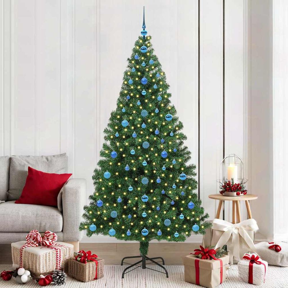 Sapin de noël artificiel vert 210 cm, kit complet avec 300 led blanc chaud et 120 boules