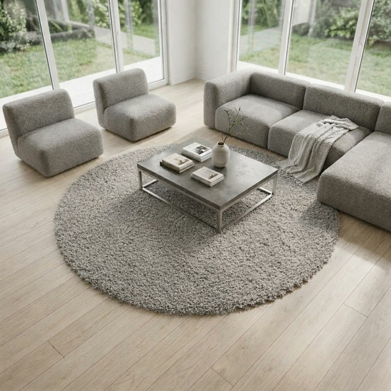 Tapis rond longs poils shaggy ø160cm tissé beige motif uni uni b